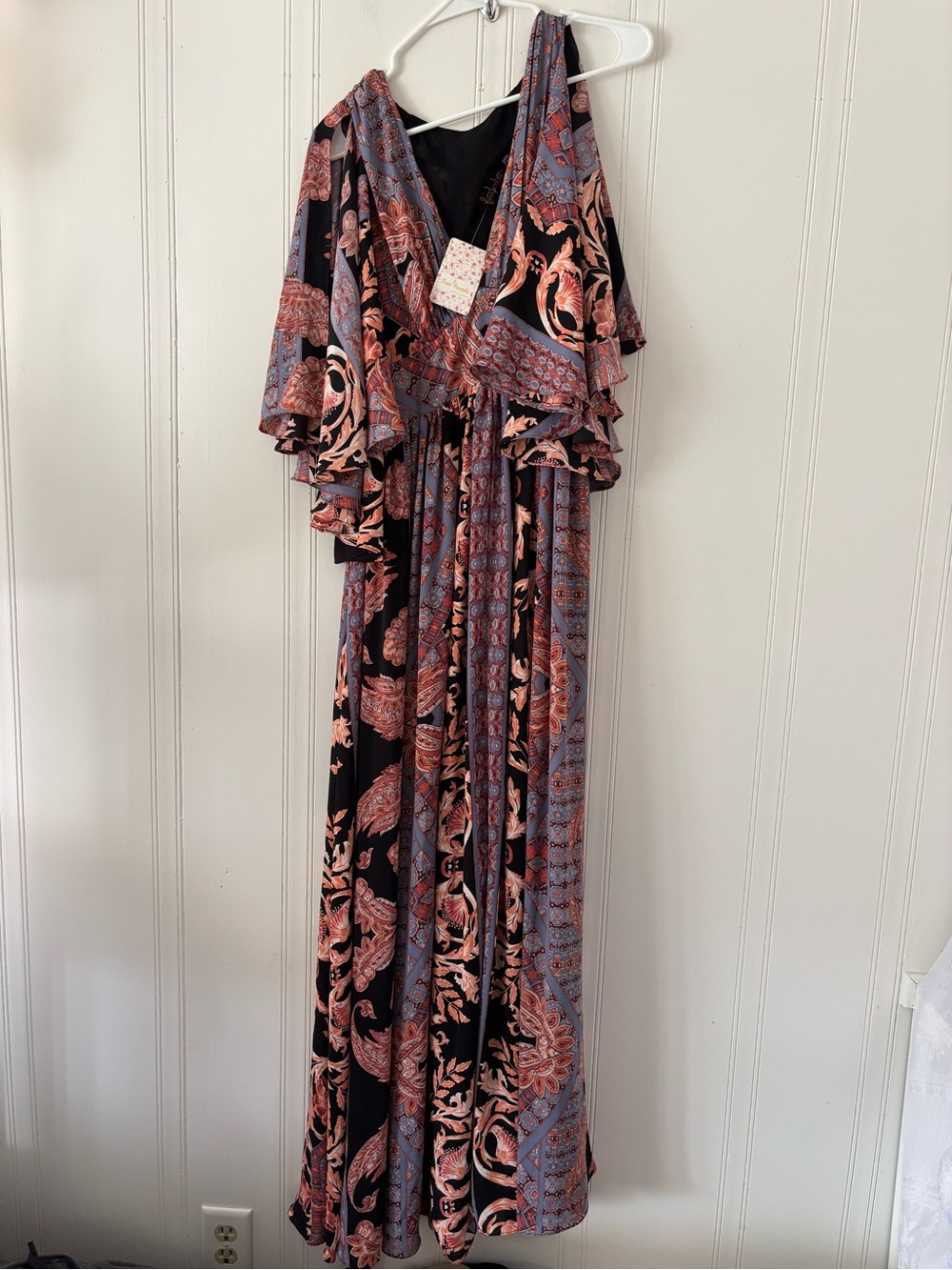 Free People Black Maxi Dress with Coral and Dusty Blue Paisley Print